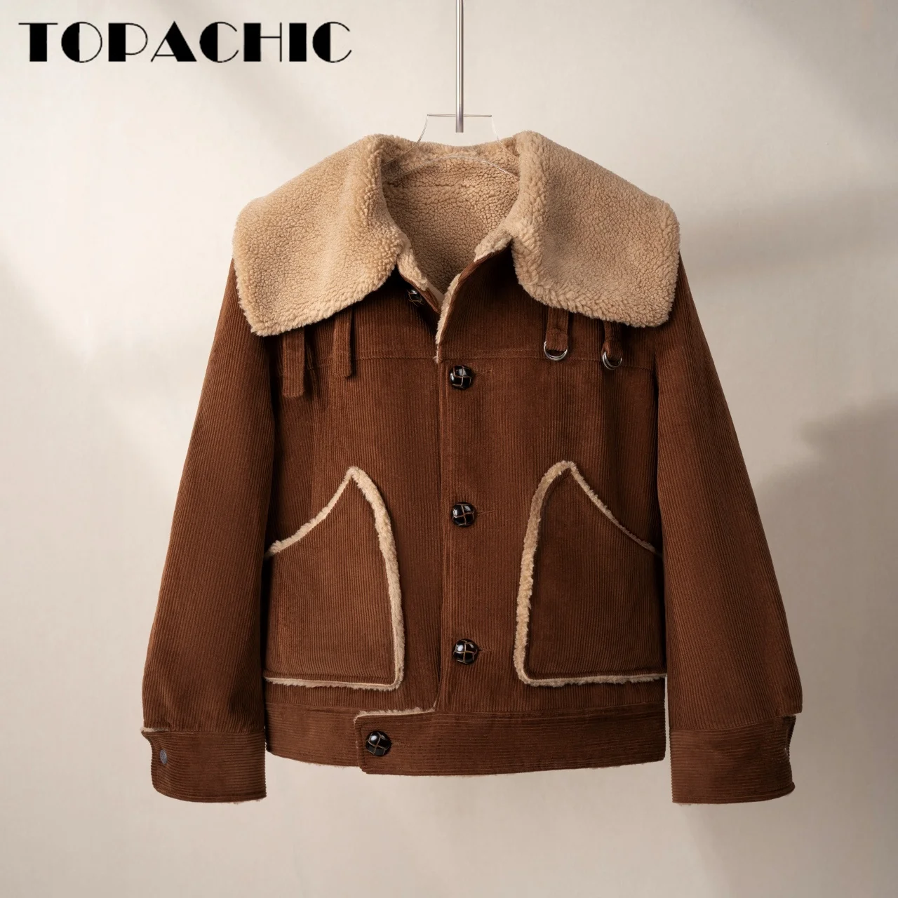 10.12 TOPACHIC-Women\'s Street Lapel Fleece Lining Spliced Corduroy Jacket Weave Button Single Breasted Gig Pocket Loose Coat