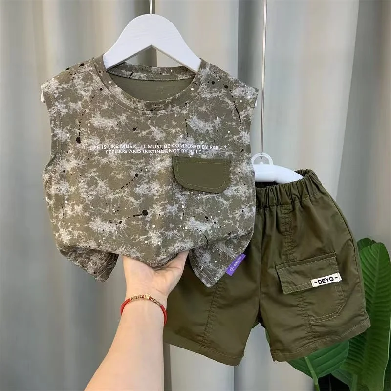New Boutique Summer Baby Boy Clothes Camouflage Sleeveless Shirt+Shorts 2 Piece Kids 12 3 4 5 6 7 8 Years Sport Outfits