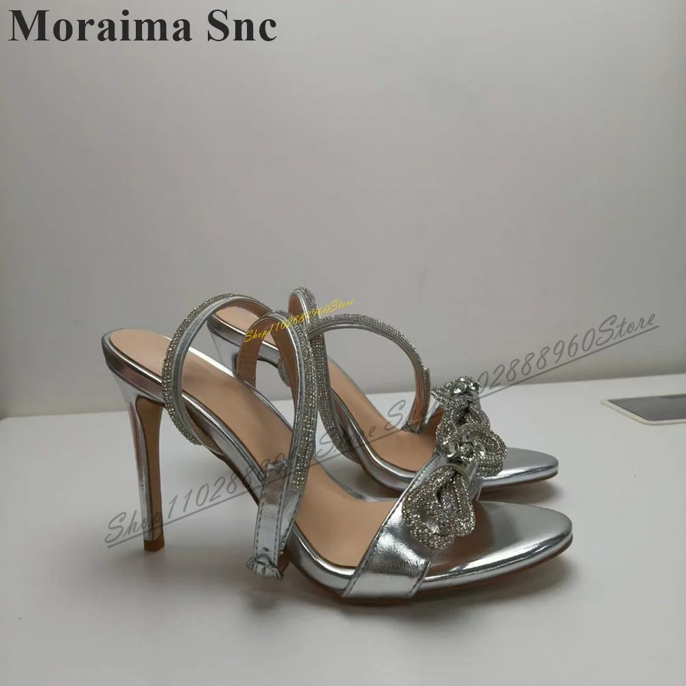 Metallic Zilveren Kristal Bling Sandalen Dunne Hoge Hak Damesschoenen Enkelgesp Riem Open Teen 2024 Mode Zapatos Para Mujere