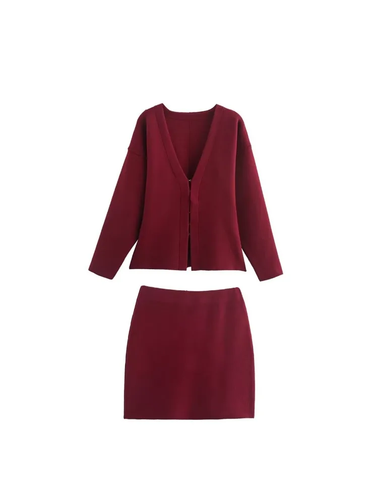 Women Vintage Chic V-Neck Long Sleeve Claret Knit Suit Female Casual Solid Loose Cardigans Sheath Skirt Fashion 2024 Autumn Suit