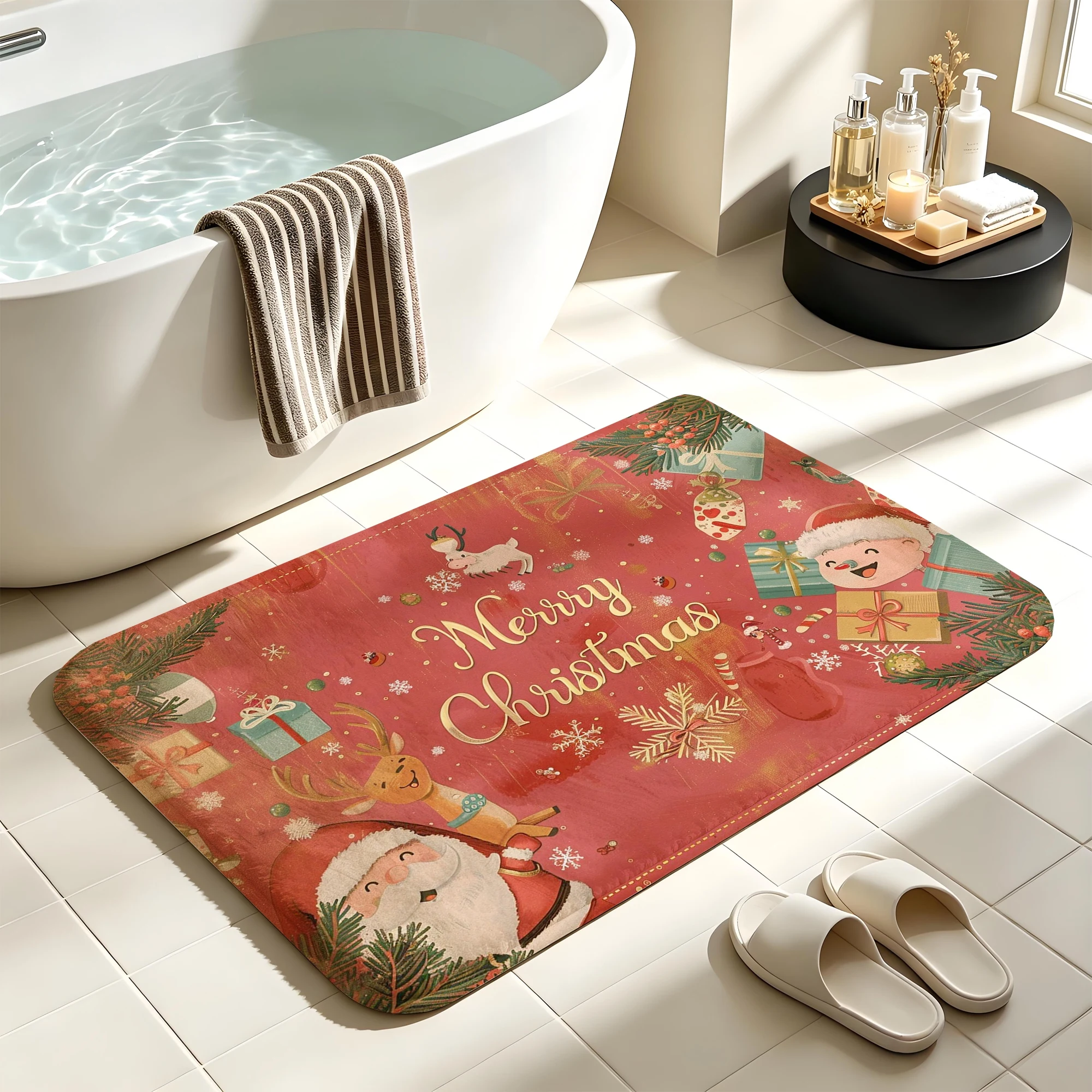 Vintage Santa Elf Reindeer Snowflake Print Plush Absorbent Sponge Mat,Bathroom Non‑Slip Mat & Decorative Door Mat