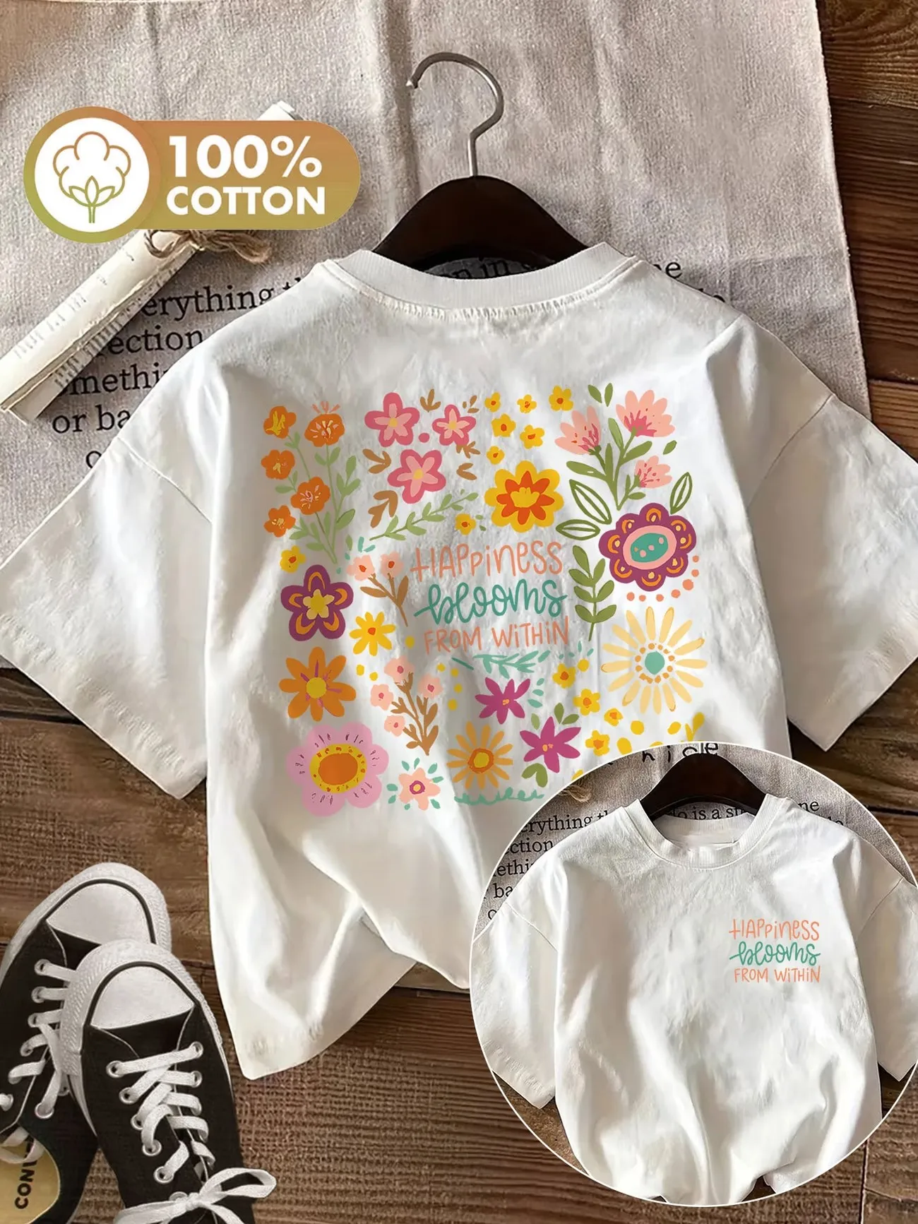 Lustiges Casual Happiness Flower Y2k T-Shirt aus 100% Baumwolle für Damen, weiches Rundhals-Kurzarm-Oberteil mit Grafikdruck – Detail 5
