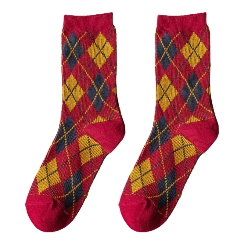 Women Autumn Ethnic Argyle Diamond Plaid Print Crew Socks Vintage College Preppy Style Student Cotton Mid-Calf Tube Hosiery image 5