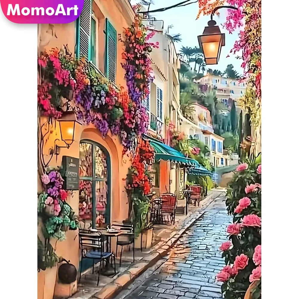 Momoart Diamant-Stickerei Straßenlandschaft Strass-Bild Mosaik-Haus Acryl-Bastelbedarf Malerei Blumen Heimdekoration