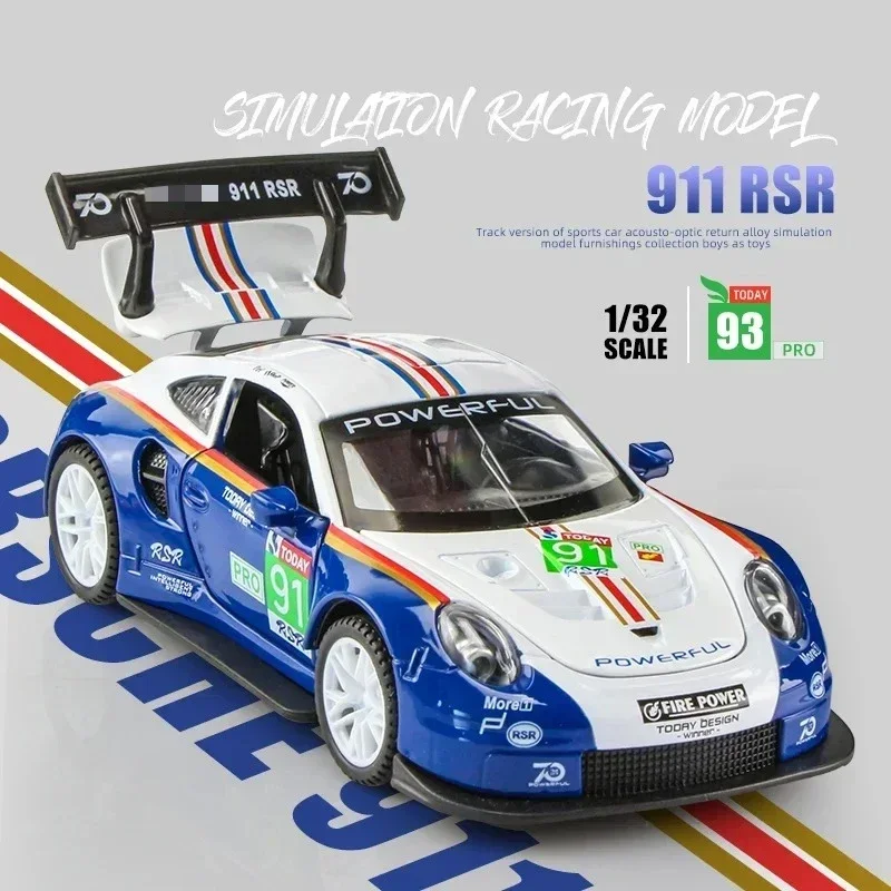 1:32 911 GT3 RSR Sports Car Alloy Model Diecast Car Toys Doors Opened Sound Light Pull Back Miniature Vehice Ornament kids Gift