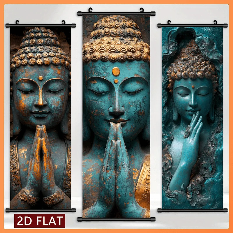VIKAMA Vintage Stone-Carved Buddha Statue Scroll Tapestry, Wall Hanging for Bedrooms and Living Rooms, Home Decor