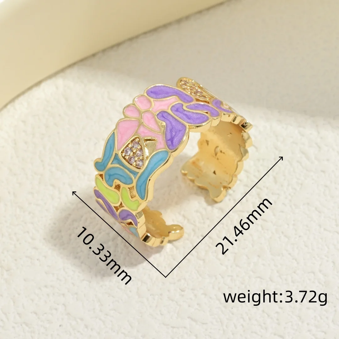 Colorful Enamel Open Cuff Ring, Gold Plated Abstract Mosaic Pattern Ring with Micro Pave CZ, Trendy Art Ring for Women：VJ998