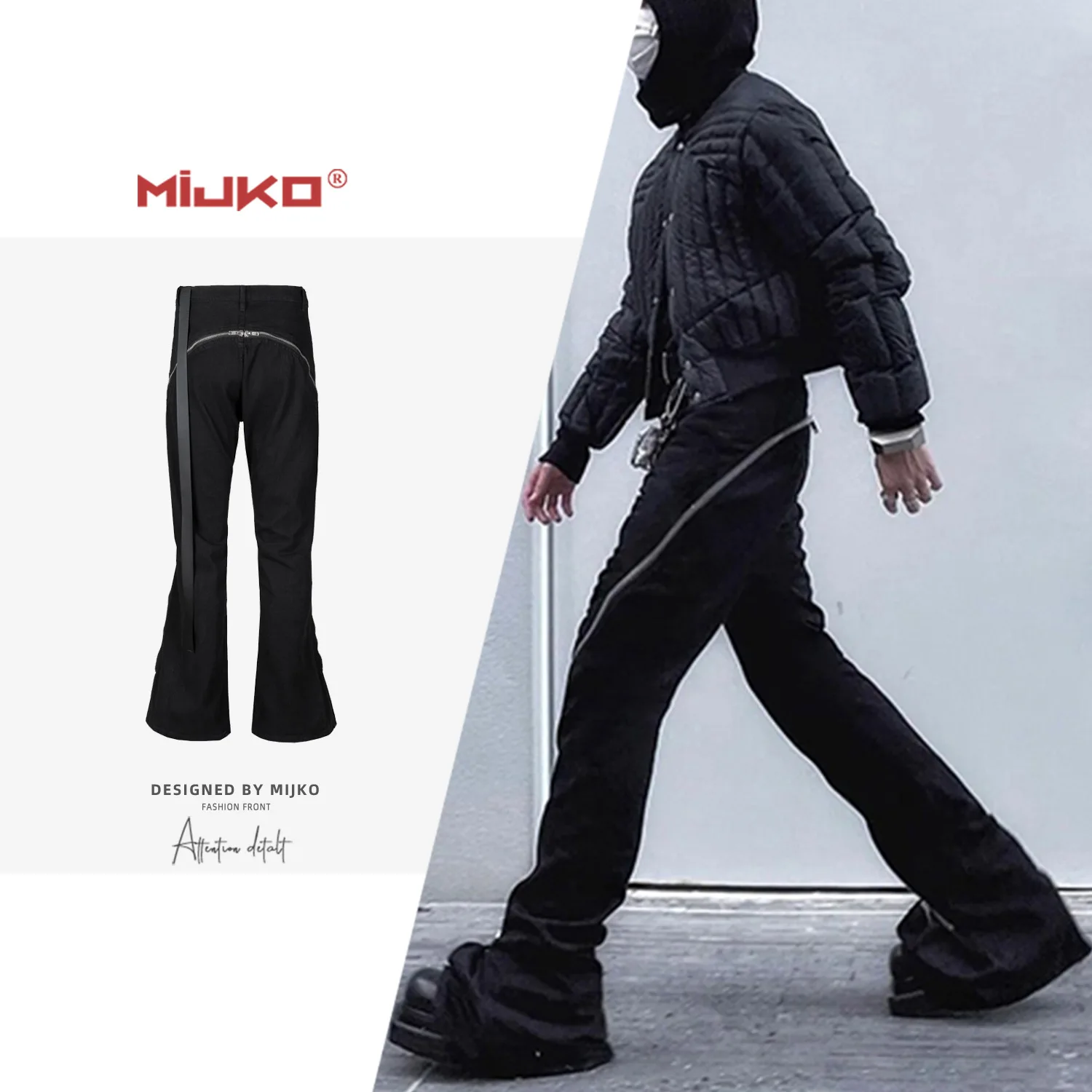 

MIJKO Unisex Urban Style Niche Design High Street Trend Twisted Large Zipper Adjustable Flared Pants Hem Stacked Black Jeans