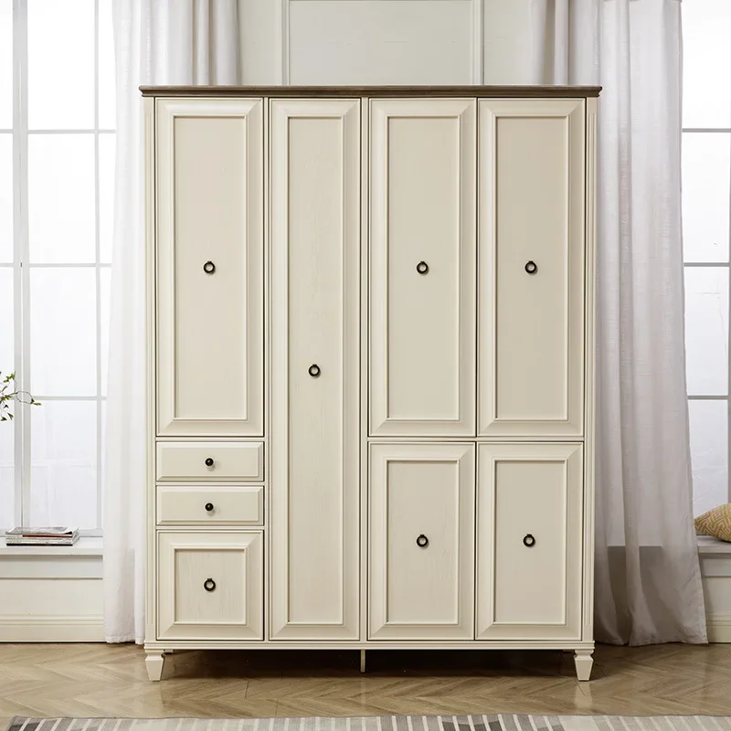 American wardrobe pure solid wood four-door large wardrobe light luxury solid wood white furniture swing door bedroom locker