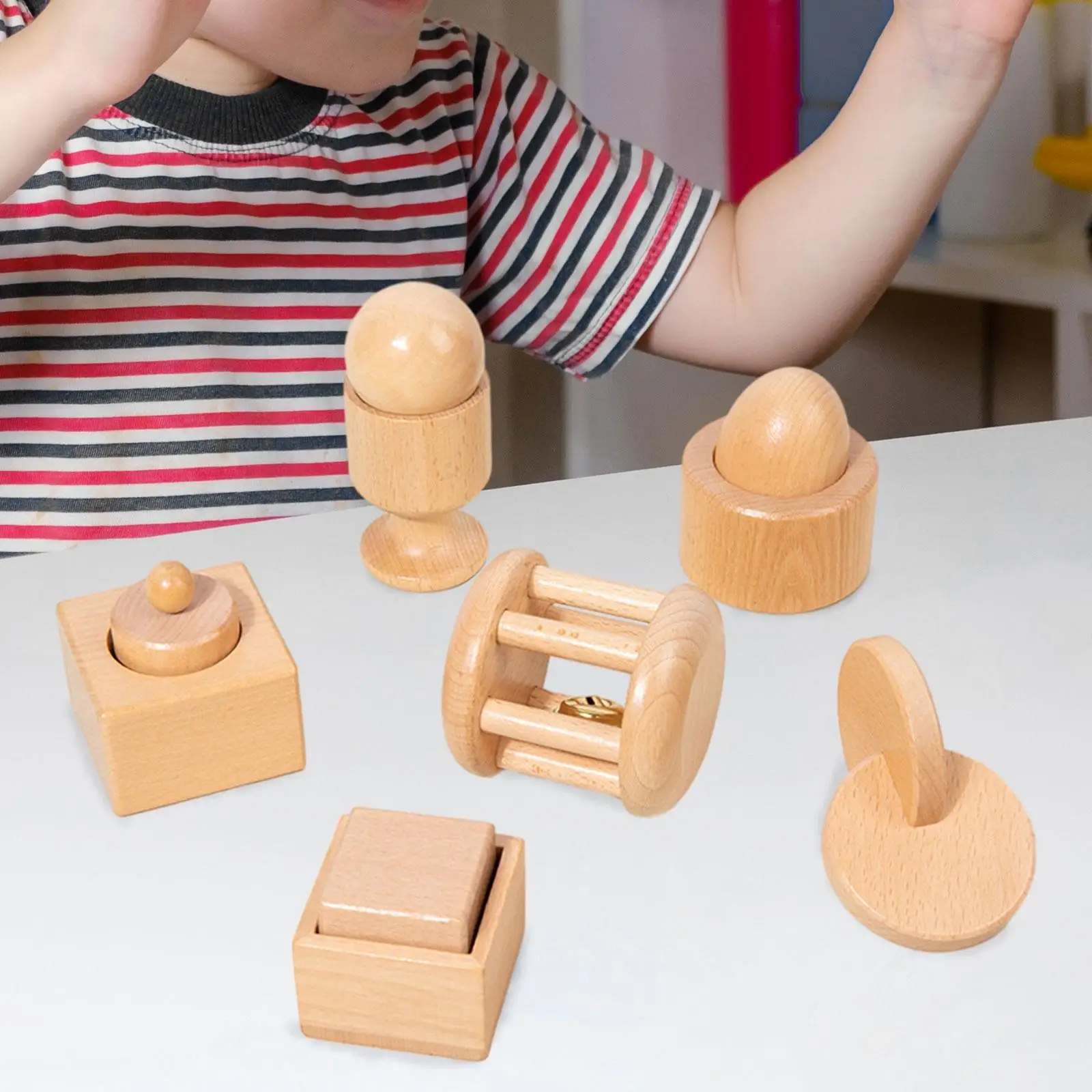 6x Wooden Baby Toys Wood Grab Shaker Toy 3D Object Fitting Exercise Toy for New Year