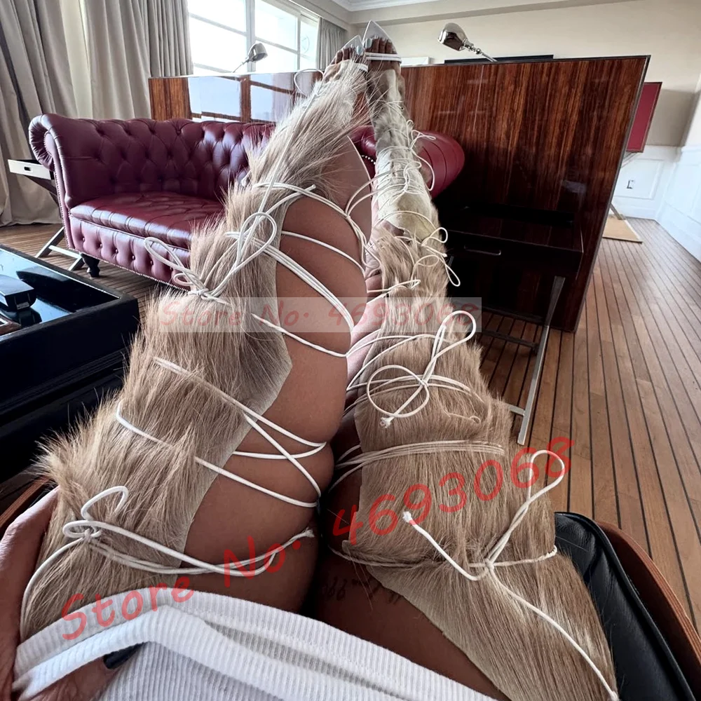 Fur Hide Lace Up Over Knee Sandals Women Wild Sexy Cross Tied High Heels Puttee Shoes Ladies Cutout Party Pointy Long Sandals