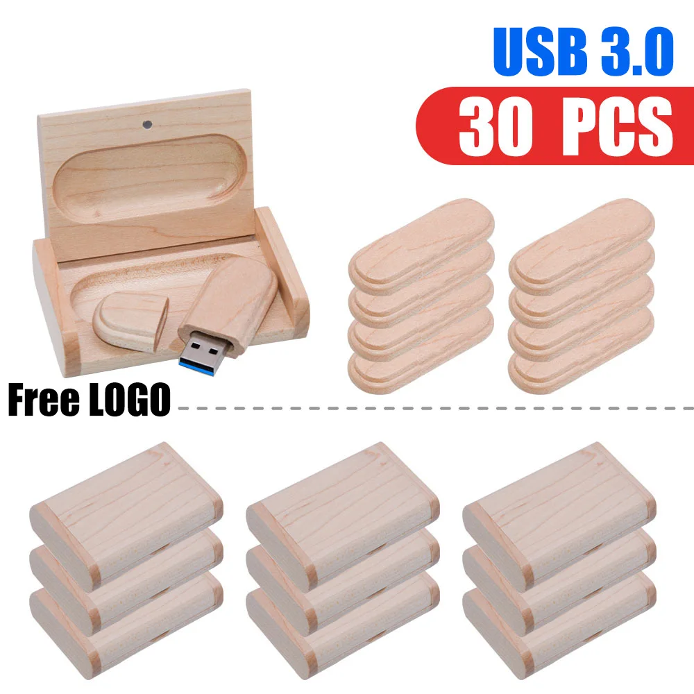 30pcs/lot logo free wooden 3.0 USB Flash Drive 8GB 16GB pen drive 32GB 64GB 128GB cle usb pendrive memoria stick memory gift