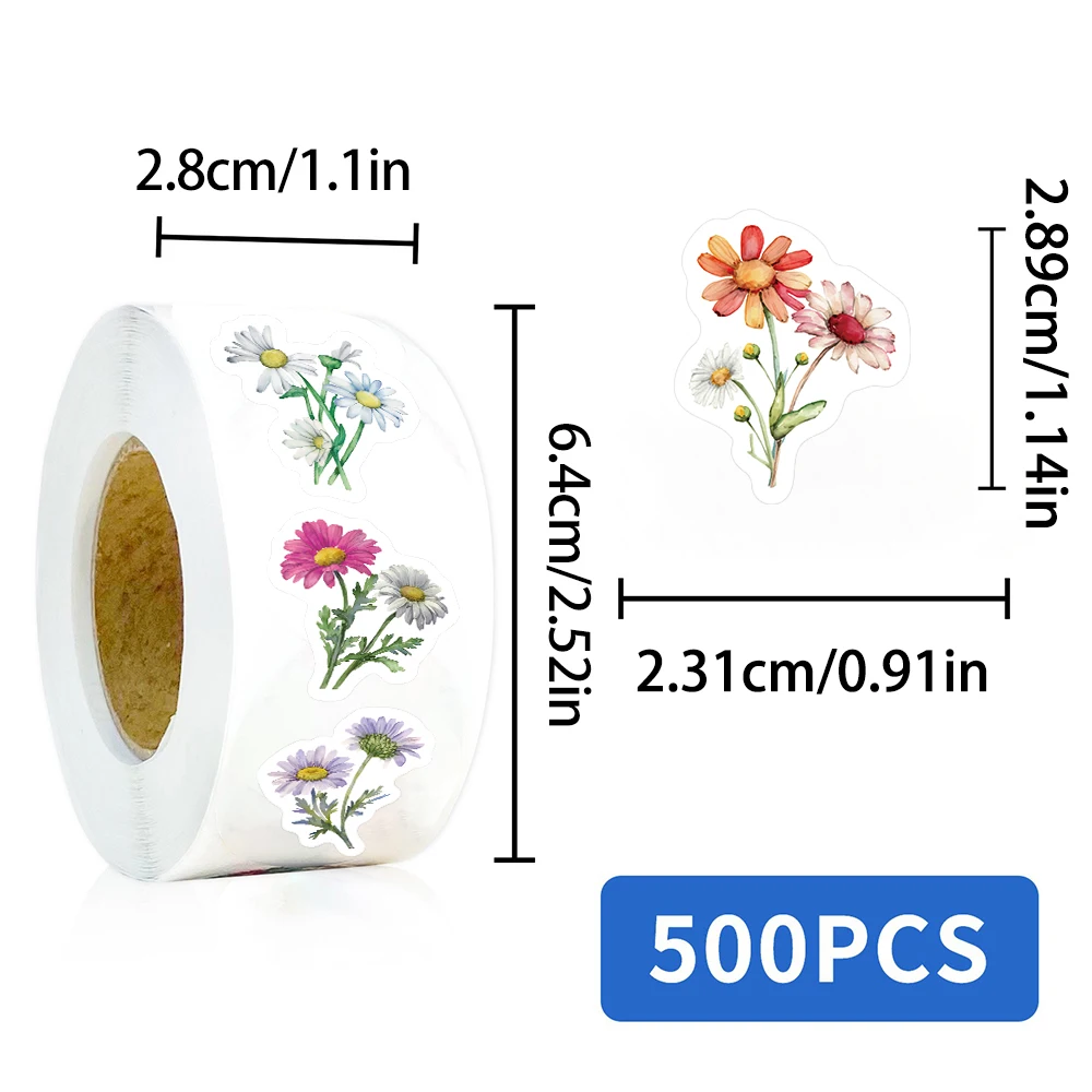 500PCS Colorful Daisy Wild Flower Roll Sticker Funny 10 Different Patterns Decorative Envelope Invitation Clipbook Sticker