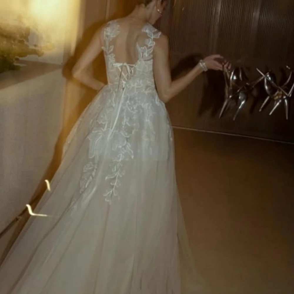 Customized Ivory Tulle Bride Gown High Neck 3D Floral Lace Sleeveless Lace Up Back A-Line Floor Length Wedding Dress
