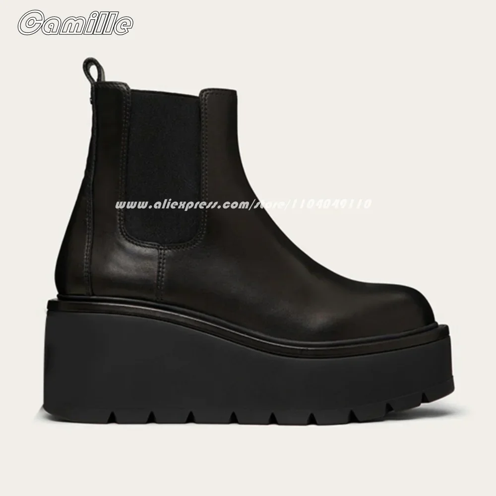 Black Metal Rivet Wedges Slip On Modren Boots Autumn New All-Match Casual Mid Calf Boots Round Toe Platform Lady Grace Boots