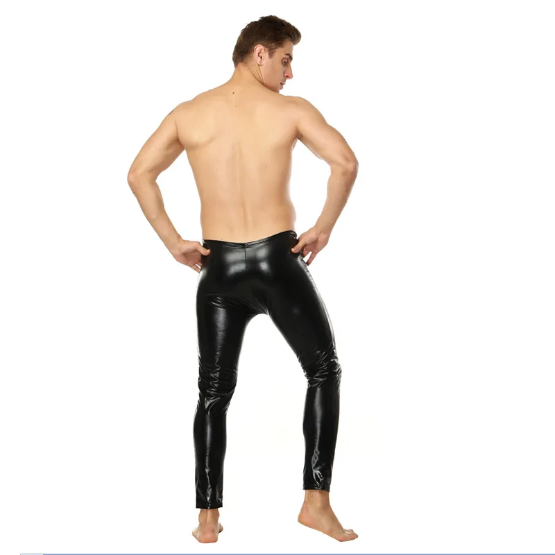 Spring Autumn New Skin Tight Muscle Men's Gladiator Solid Black PU Low Waist Elastic Leather Club Dance Wear Pants New