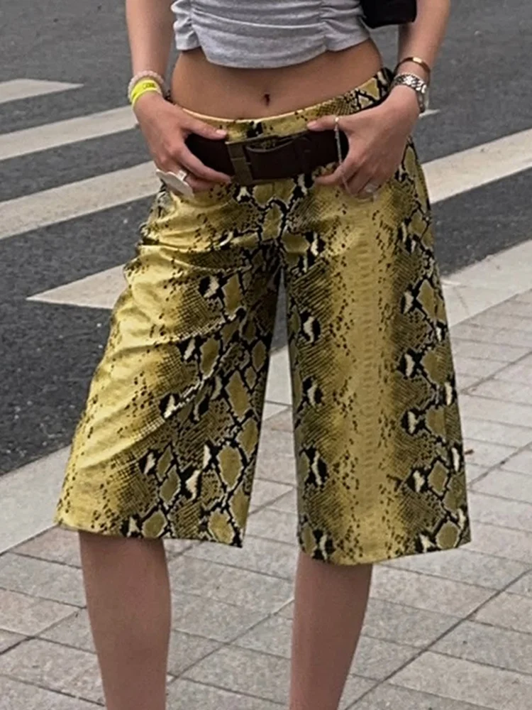 Tossy Women's Snake Print Faux Leather Bermuda Shorts Knee Length High Waist Wide Leg Daily Streetwear Casual Summer Shorts 2026