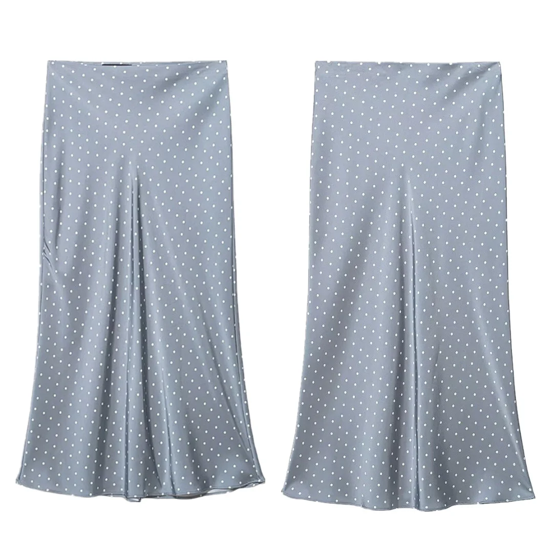 

Maxdutti Summer Fashion Elegant Basic Skirts Polka Dot Skirt Satin Sky Blue Midi Skirt Woman Clothing Faldas Pleated Skirts
