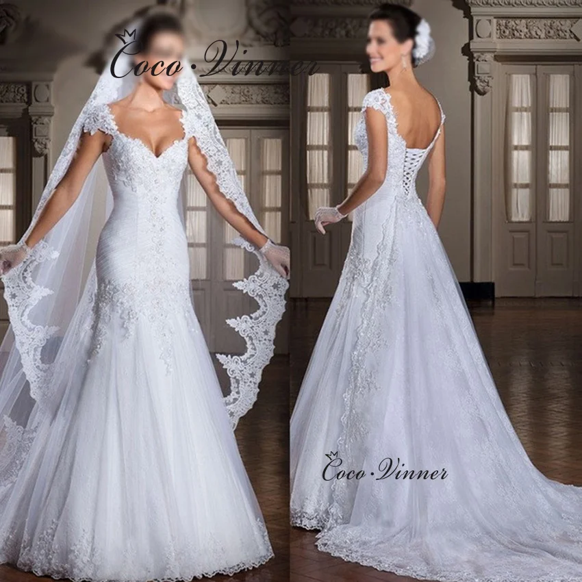 

Customized Backless Appliques Memaid Wedding Dress South American Fashion Detachable Train Vestido Noiva Bride Dresses W0012