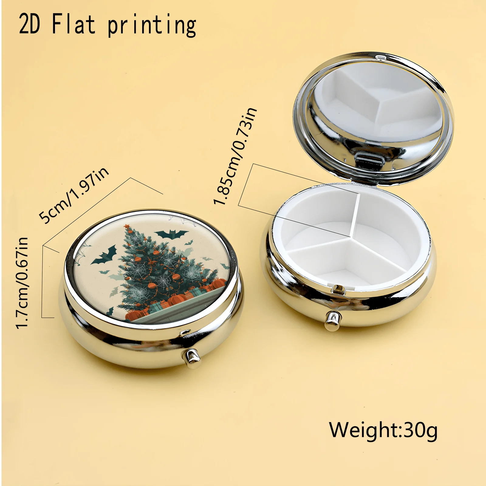 1Pc, Flat, Retro Halloween Bat and Christmas Tree Pattern, Durable Plastic and Metal Material, Portable and Can Be Placed in a Handbag, Ideal for Travel, Creative and Unique Gift, Dedicated Medicine Box for Handbags
