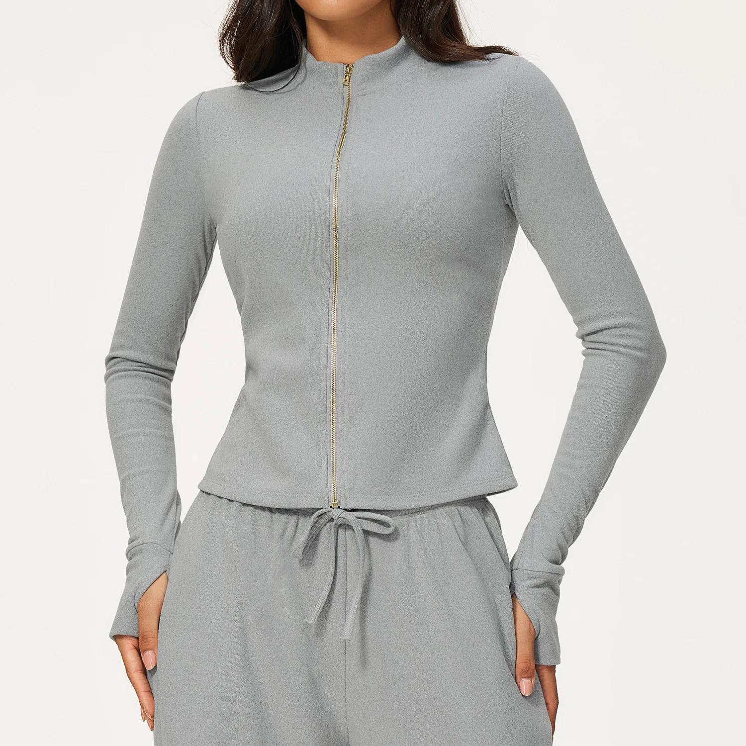 Zipper Long Sleeve Yoga Women's Slim Fit Fitness Running Jacket Workout Gym T-shirt Up Stand Collar Crop Top Thumb Holes Shirts