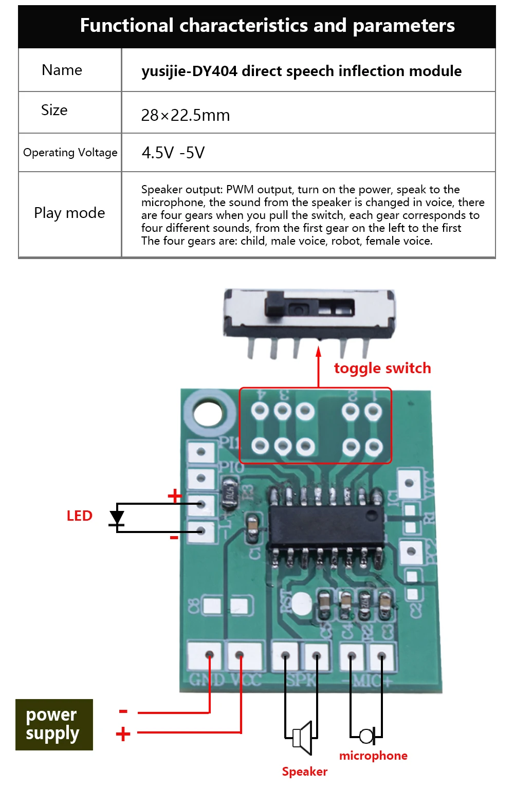 Modulo di cambio vocale dritto che simula robot per bambini maschio e femmina 4 tipi di discorso vocale Kit di montaggio fai da te YSJ-DY40