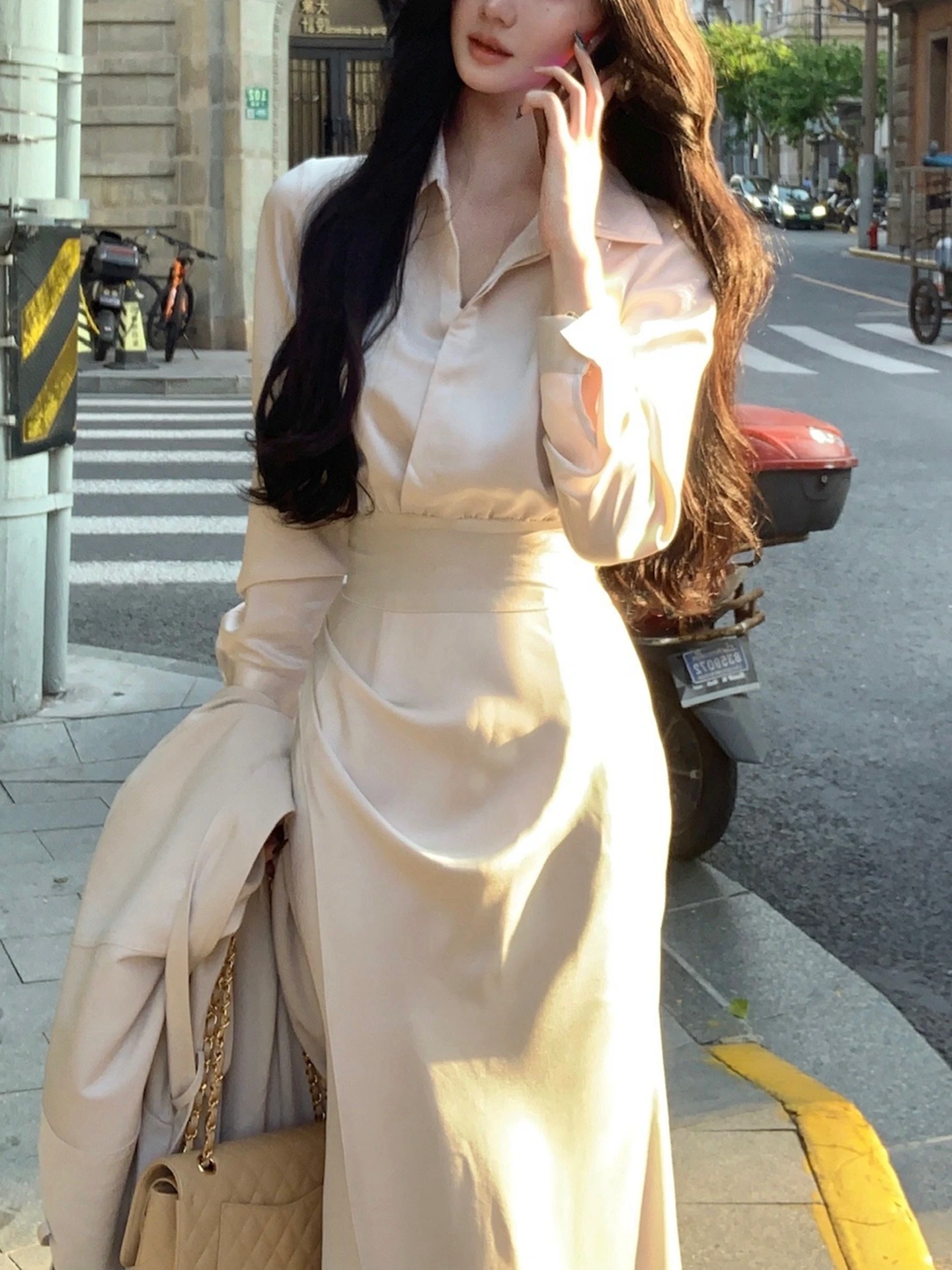 

Ele Commute irt Set Slimming Fi Tail Skirt High Waist Polyester Fiber ort Sve Button up French Sle Faion