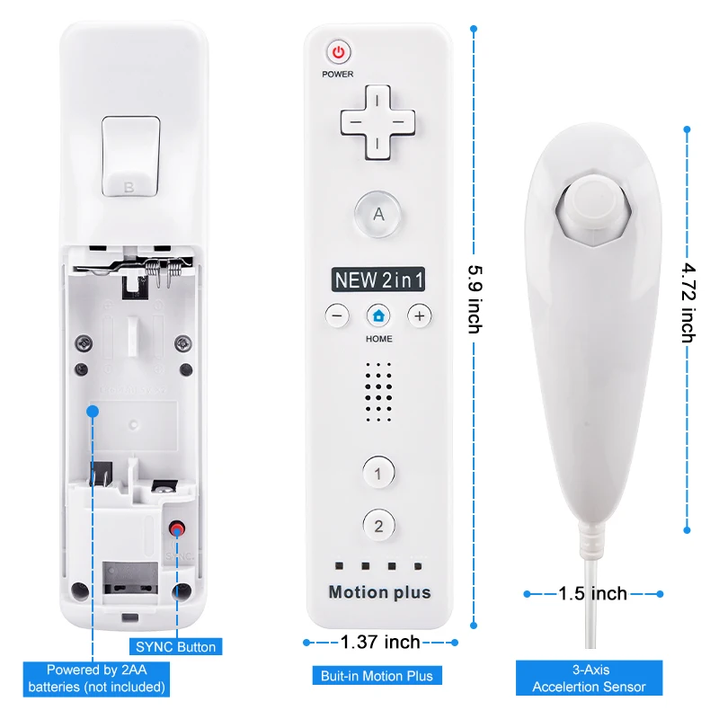 2PCS Remote Controller with Nunchuck Controller for Wii Console Wireless Gamepad with Motion Plus for  Wii Games Control