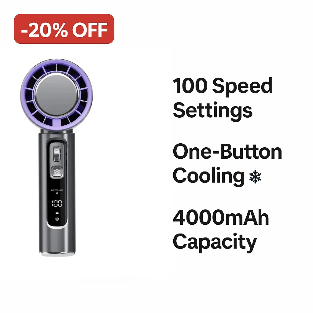 

Портативный 100-скоростной охлаждающий вентилятор, 1-секундный ледяной режим и 4000 мАч, мини-кондиционер для улицы/путешествий/офиса