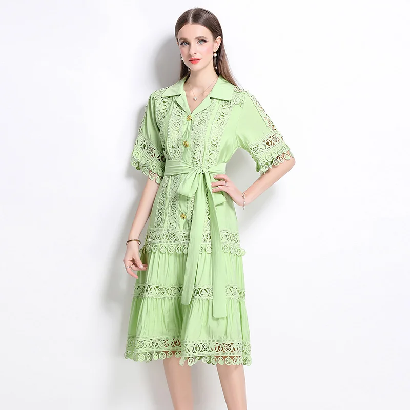 

Luxury Hollow Out Lace Dress Women's Fashion 2025 Spring Summer Loose Evening Party Ruffles Dresses Quality