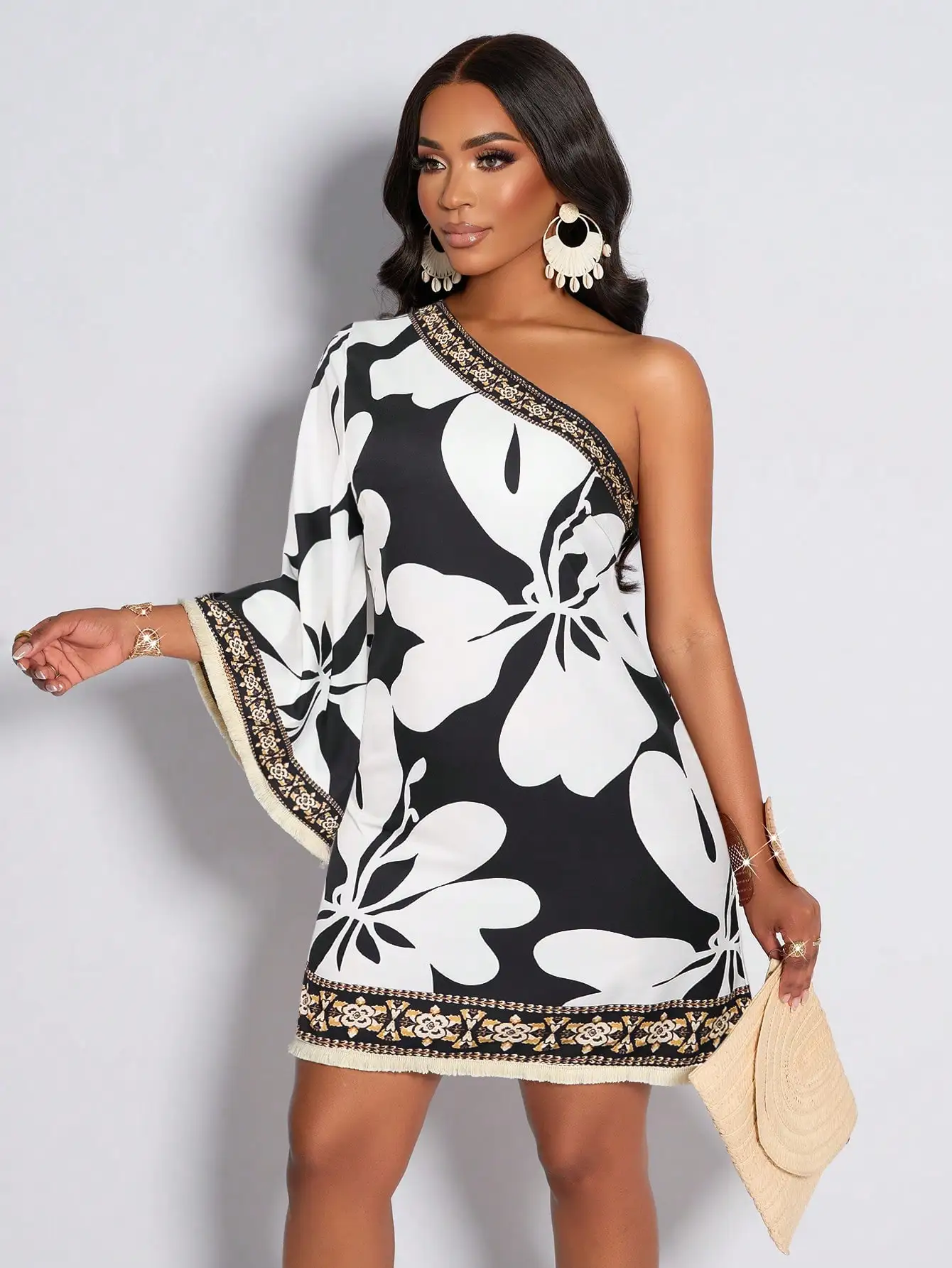 

AIJ Amarilo Women's Tropical Rainforest Print Tassel Hem Casual Dress, Suitable For Daily Commute And Vacation Wear, New