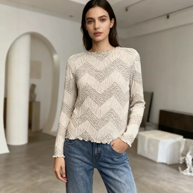 Miyake Pleated T-Shirt Plisse 2026 Autumn New Pleats Jacquard Wave Pattern Solid Long Sleeve Round Neck Slim Fit Women's Top