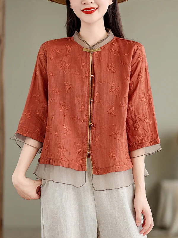 

New Chinese Sle Embroidered Loose irt Pants Set Summer 2025 Stand Collar Ogees Fabric Two Piece Set Women's Faion