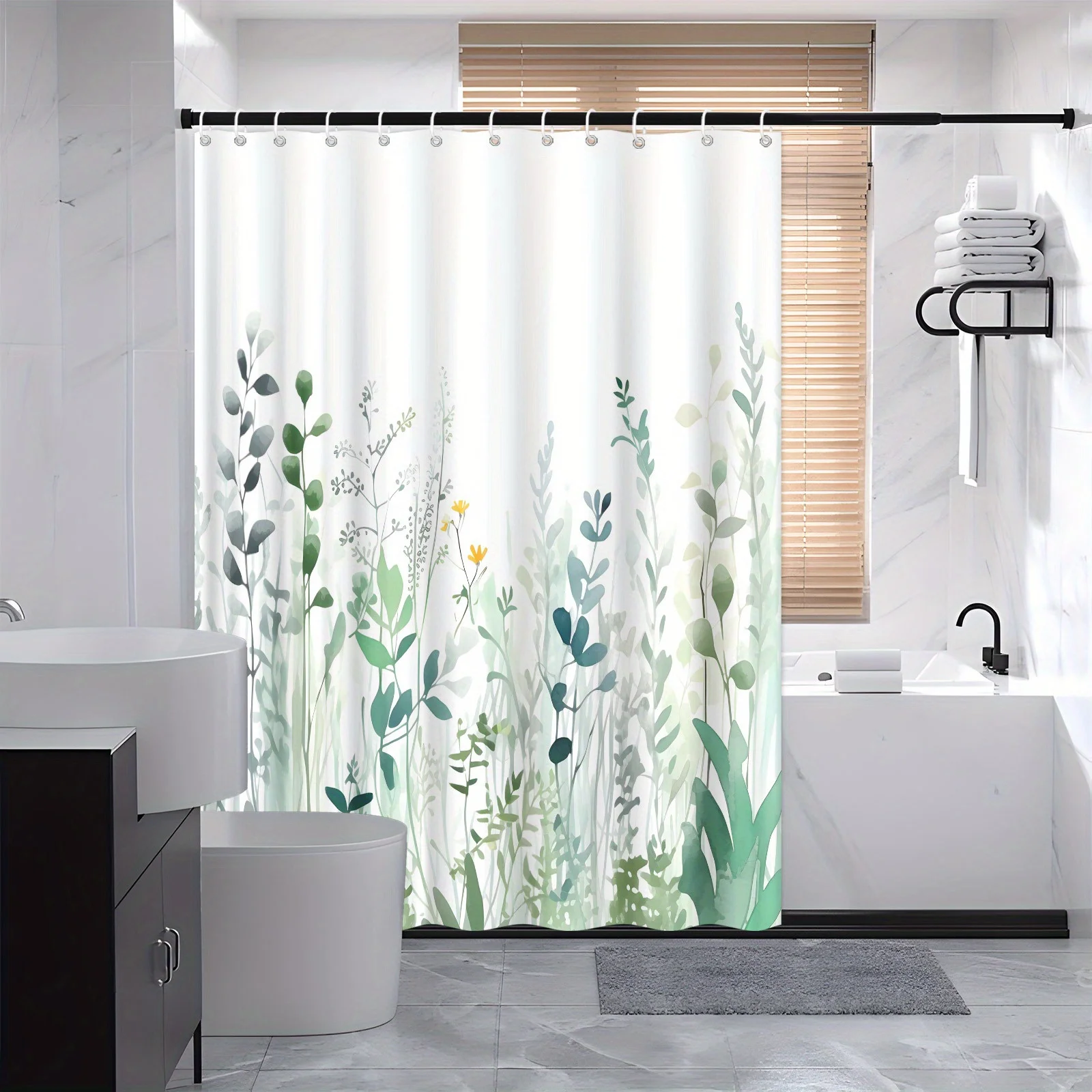 

1 шт. Занавеска для душа с полевыми цветами и травками с натуральным зеленым пейзажем, полиэстеровая занавеска для душа 70X70 дюймов, 12 крючков.