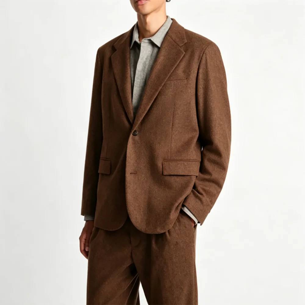 Men Brown Woolen Luxurious Suit Set Notched Lapel Blazer Trousers 2 Pieces Office Business Smart Casual Male Outfit