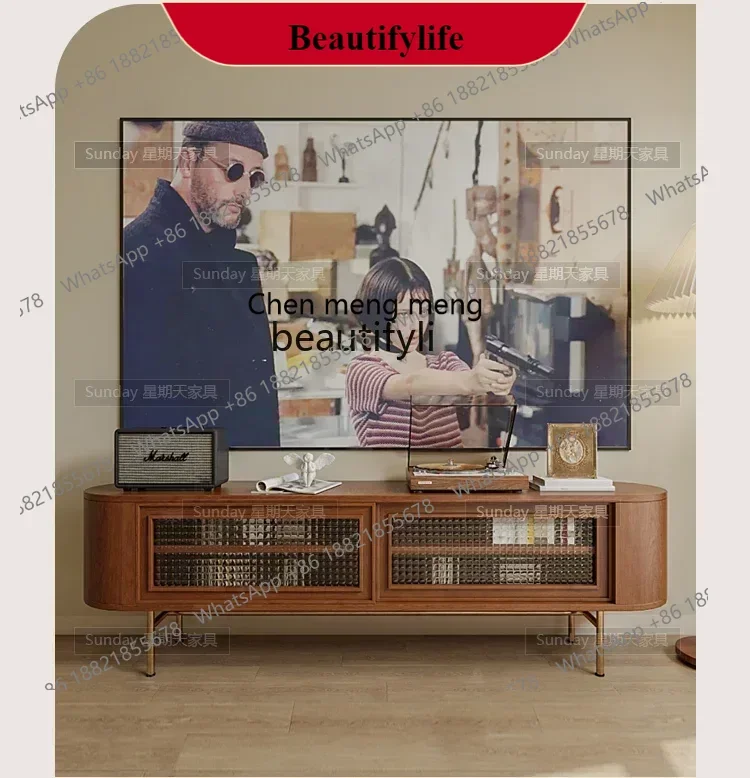 G153  S Nordic glass TV cabinet medium antique wood color locker living room locker can be customized