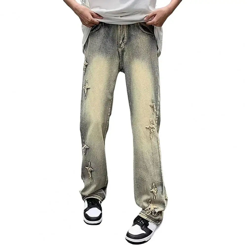 Jeans da uomo con giunture di colore sfumato pantaloni in Denim con giunture di colore sfumato da uomo con motivo invecchiato leggermente svasato per uomo