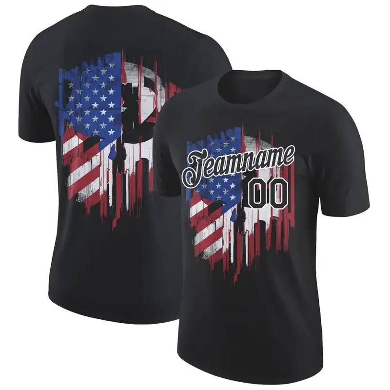 Maßgefertigtes Schwarz-Weißes 3D Amerikanische Flagge Patriotisches Performance T-Shirt