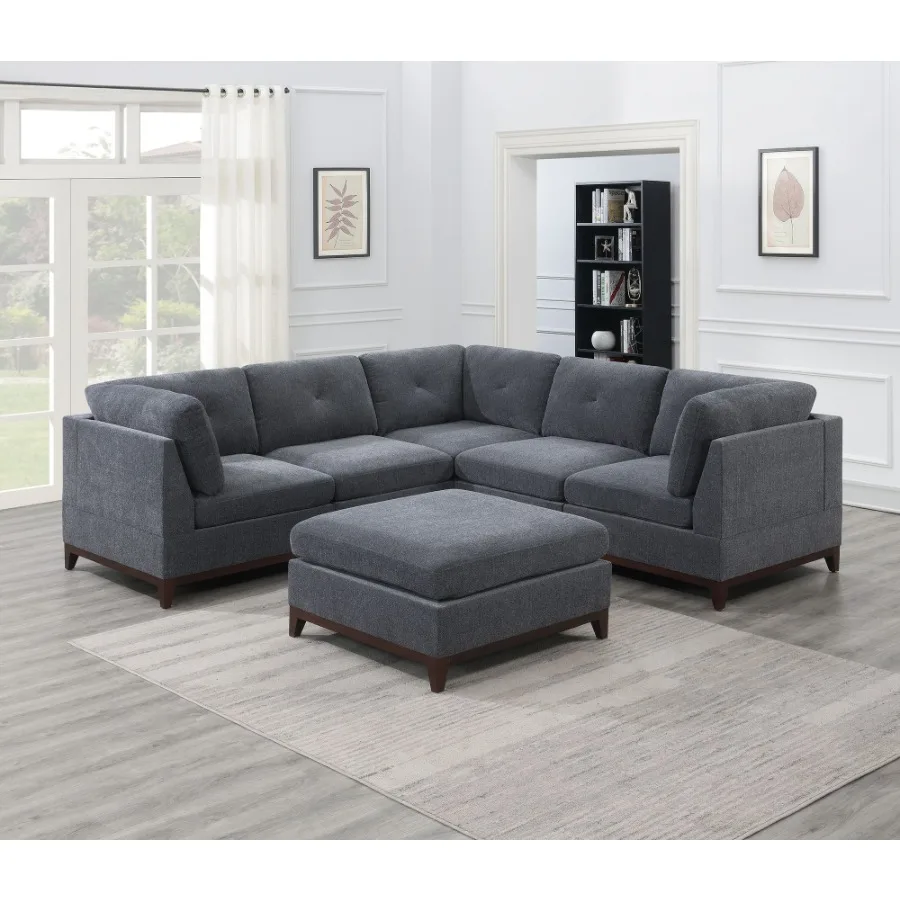 

Ash Grey Chenille Fabric Modular Sectional 6pc Set Living Room Furniture Corner Sectional Couch 3x Corner Wedge 2x Armless Chai