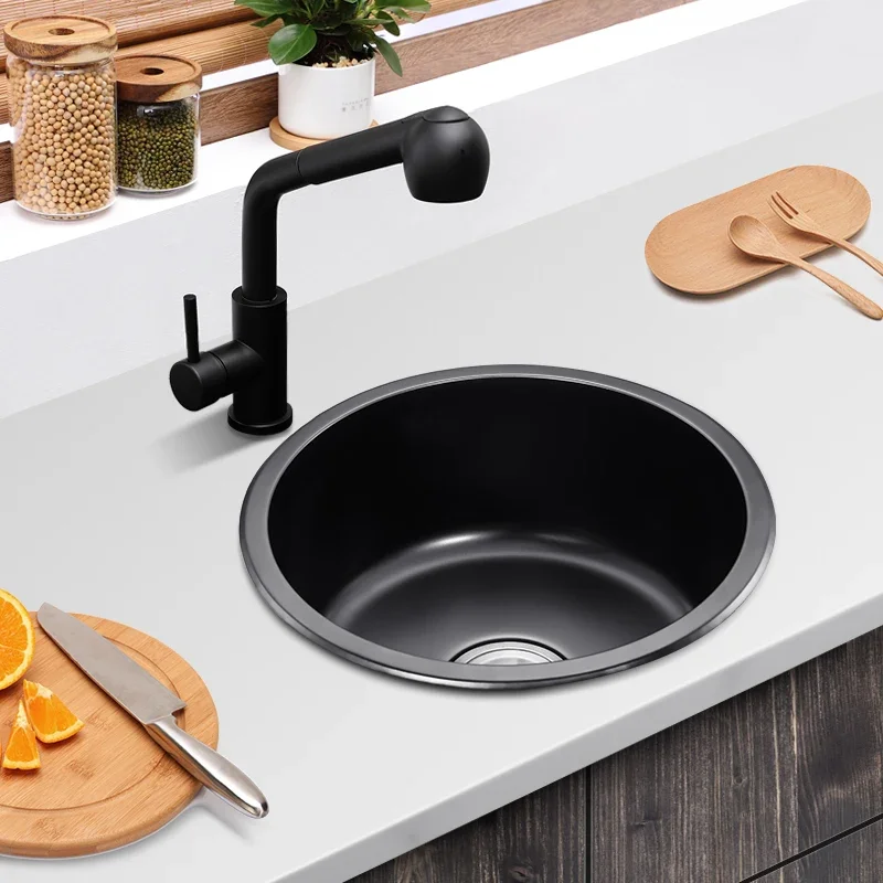 

Round Bar Sink Stainless Steel Kitchen Sink Single Bowl Black-Gary BasinWith Drain Accessories