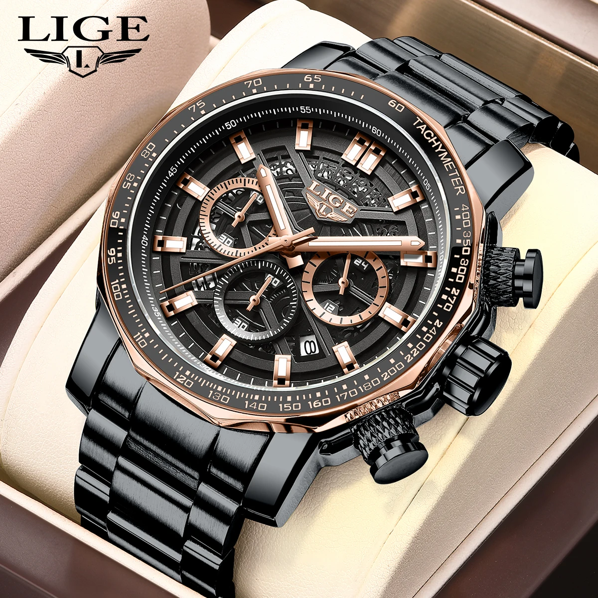LIGE Fashion Luxury Quartz Man Watch Hollow Business Casual Stainless Steel Clock Waterproof Luminous Men's Watches Reloj Hombre