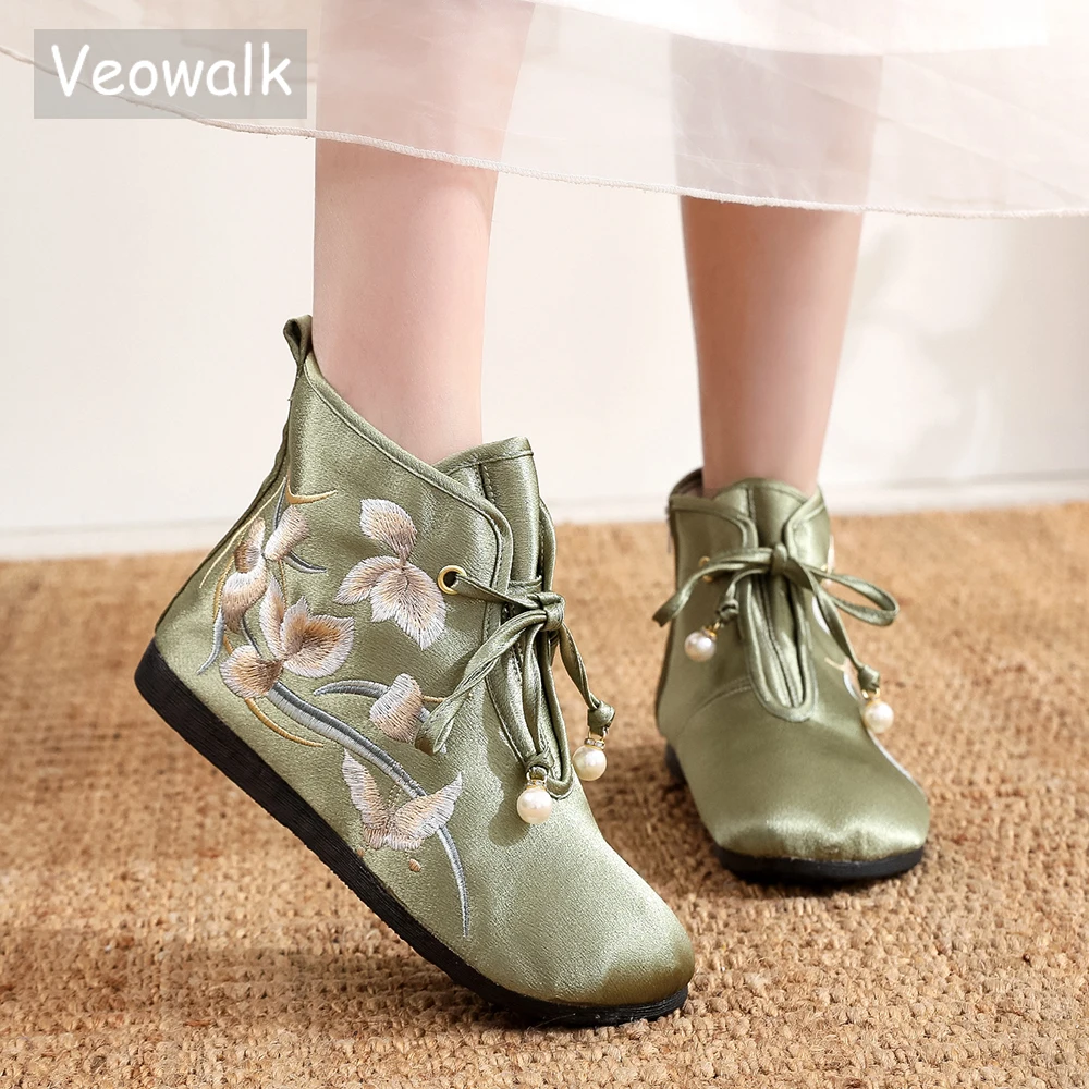 Veowalk Women Satin Cotton Fabric Lace Up Short Ankle Flat Boots Soft Comfortable Embroidered Shoes Green Beige White Booties