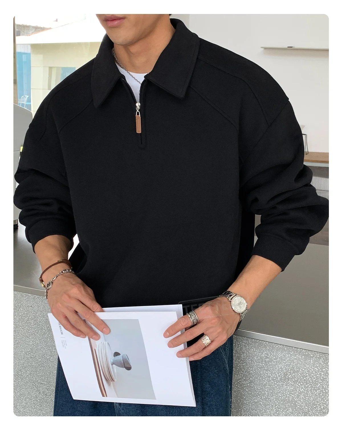 TFETTERS Eu Size 2026 Men Half Zip Collared Sweatshirt Autumn Heather Gray Pullover Loose Fit Casual Daily Long Sleeve Sweat Top