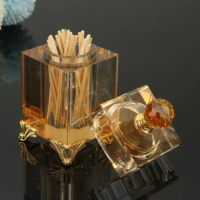 Nordic Tall Crystal Glass Toothpick Box with Lid Luxury Amber Transparent Cotton Swab Toothpick Box Dining Table Storage Jar