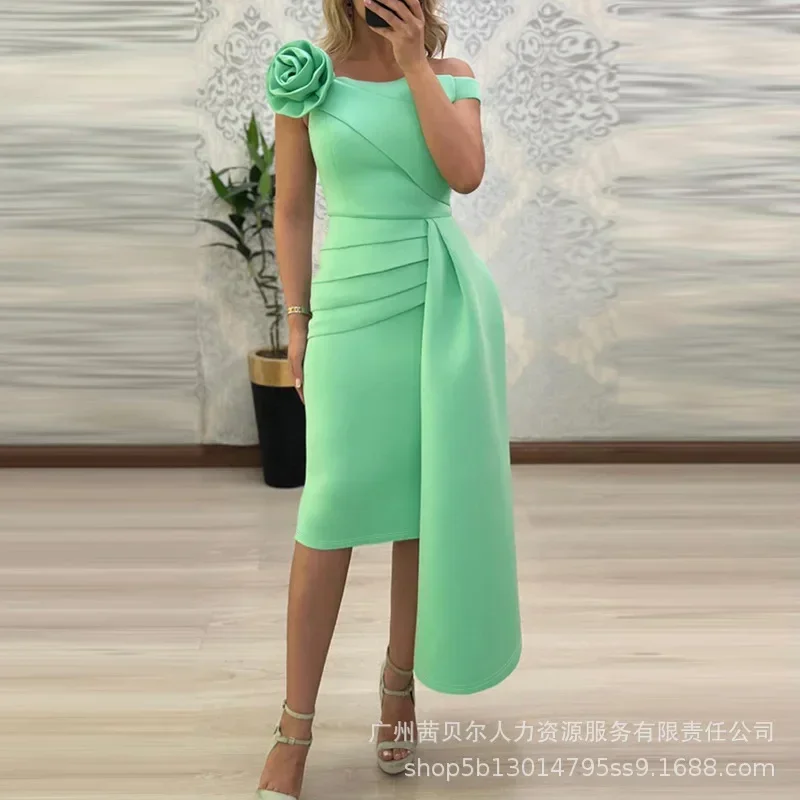 Spring Summer New Women\'s Mint Green Off Shoulder Three-Dimensional Flower Decoration Asymmetric Gathers Dress Skirt