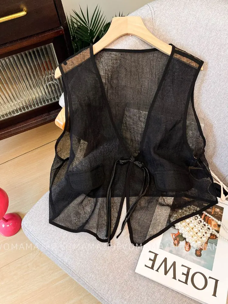 

New Chinese Style Cardigan Vest Coat Women Summer Black Mesh Tops Mujer 2025 Sleeveless Loose Vintage Casual Jackets Chaleco