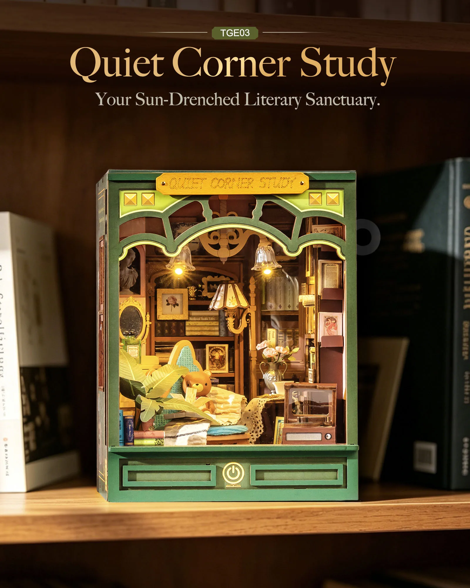 Rolife Quiet Corner Study DIY Book Nook Kit 185-piece 3D Puzzle Toys with Warm LED Light for Bookshelf Decor DIY Miniature House Molde Building Kit Gift for Book Lovers