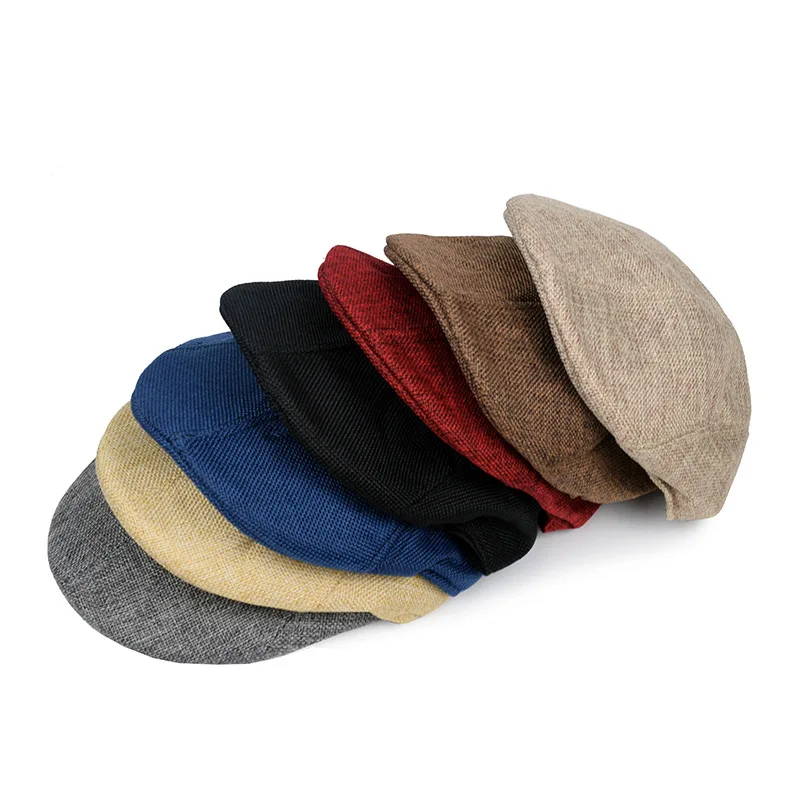 Vintage Linen Flat Cap Solid Color Ivy Newsboy Hat Lightweight Breathable Cabbie Beret Hat for Driving Spring Summer Headwear