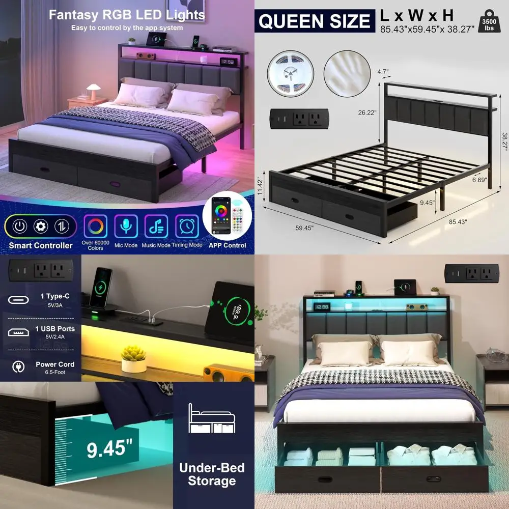 

Кровать-платформа Storage Queen с зарядной станцией, светодиодной подсветкой и 2-уровневыми полками — не требует пружинного блока