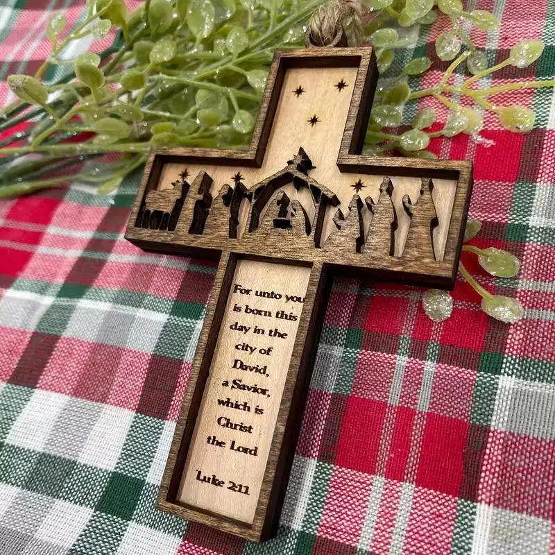 3D Wooden Nativity Scene Cross Ornament, Handmade Christmas Tree Decoration, Home and Religious Decoration, 1Pc